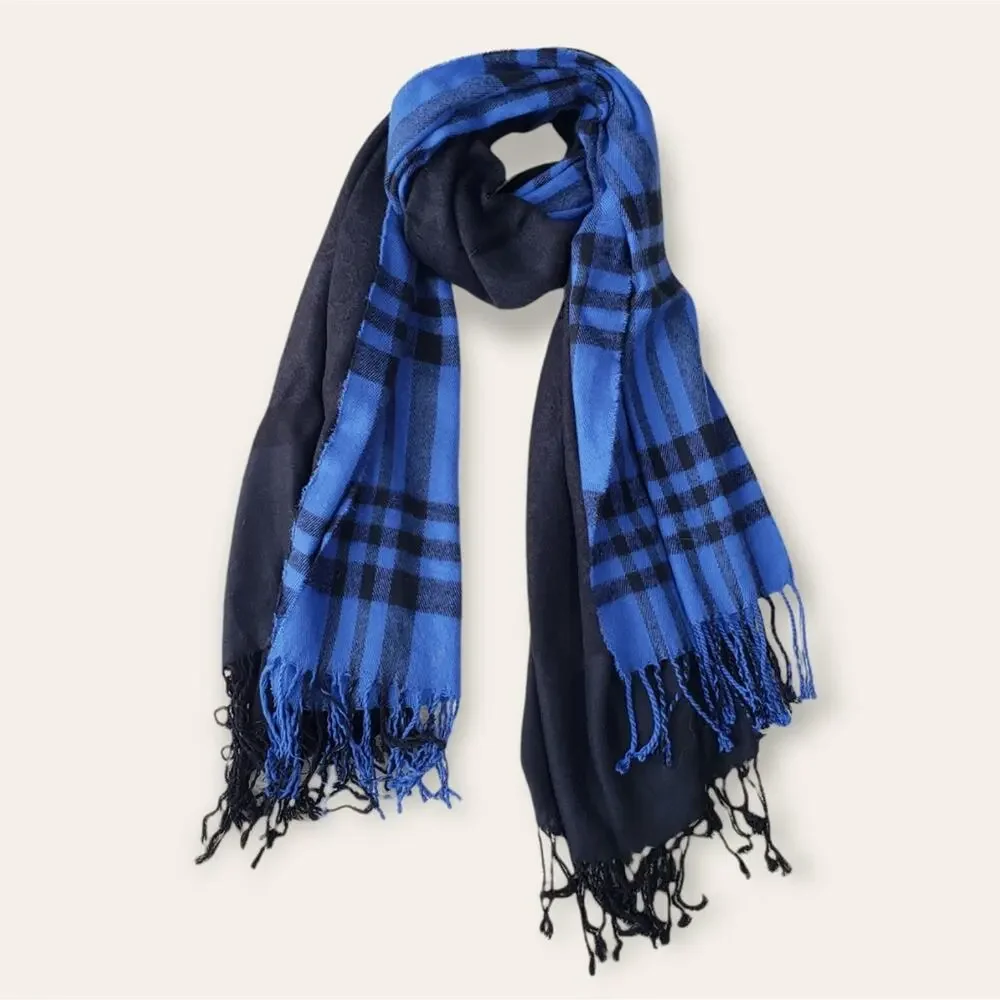 Womens scarf lot fringe black blue plaid OS